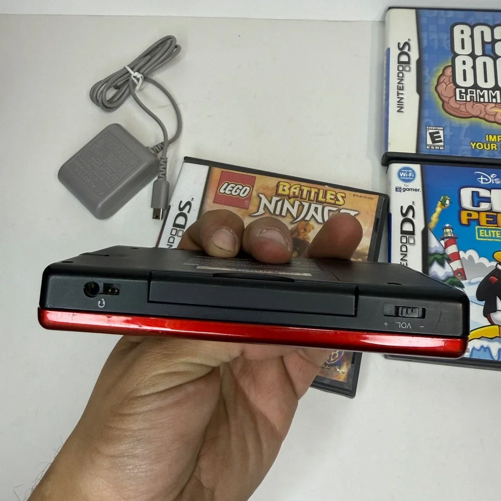 Nintendo DS Lite Crimson Red Black Console Bundle with Charger and 3 Games